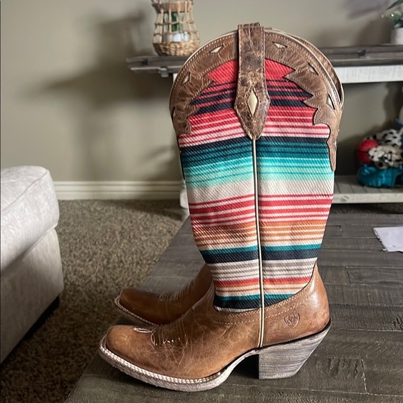 Ariat Brown Cowboy Boot with Colorful Accent Pattern - Picture 3 of 12